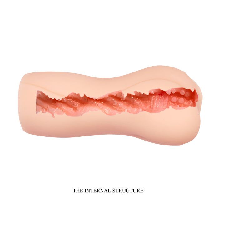 Fleischfarbenes Masturbationsgerät. Schnitt durch das Innere. Sichtbare, strukturierte Innenfläche.