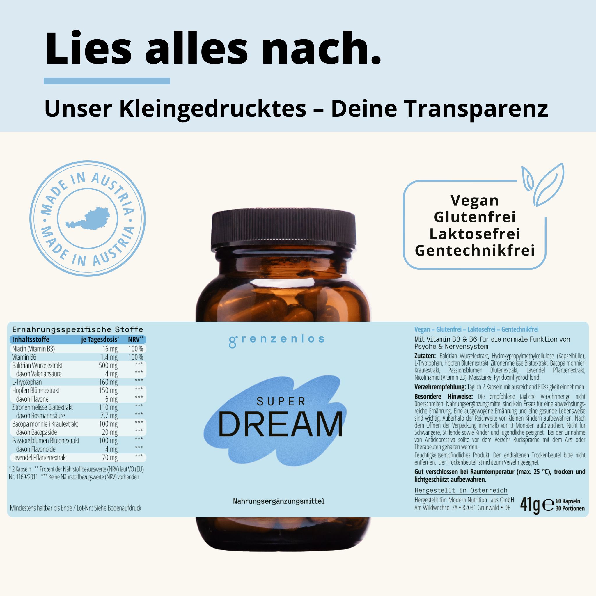 Braune Glasflasche mit Etikett: grenzenlos SUPER DREAM, 41g Kapseln. Made in Austria Siegel.