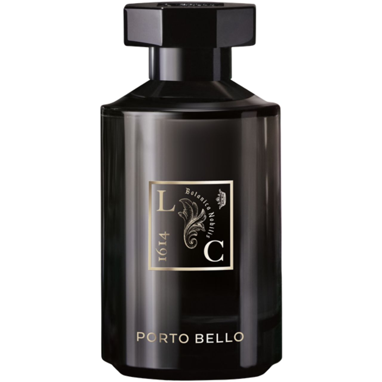 Schwarze Flasche mit goldfarbenem Logo und Schriftzug. Text: PORTO BELLO. Schwarzer Verschluss.