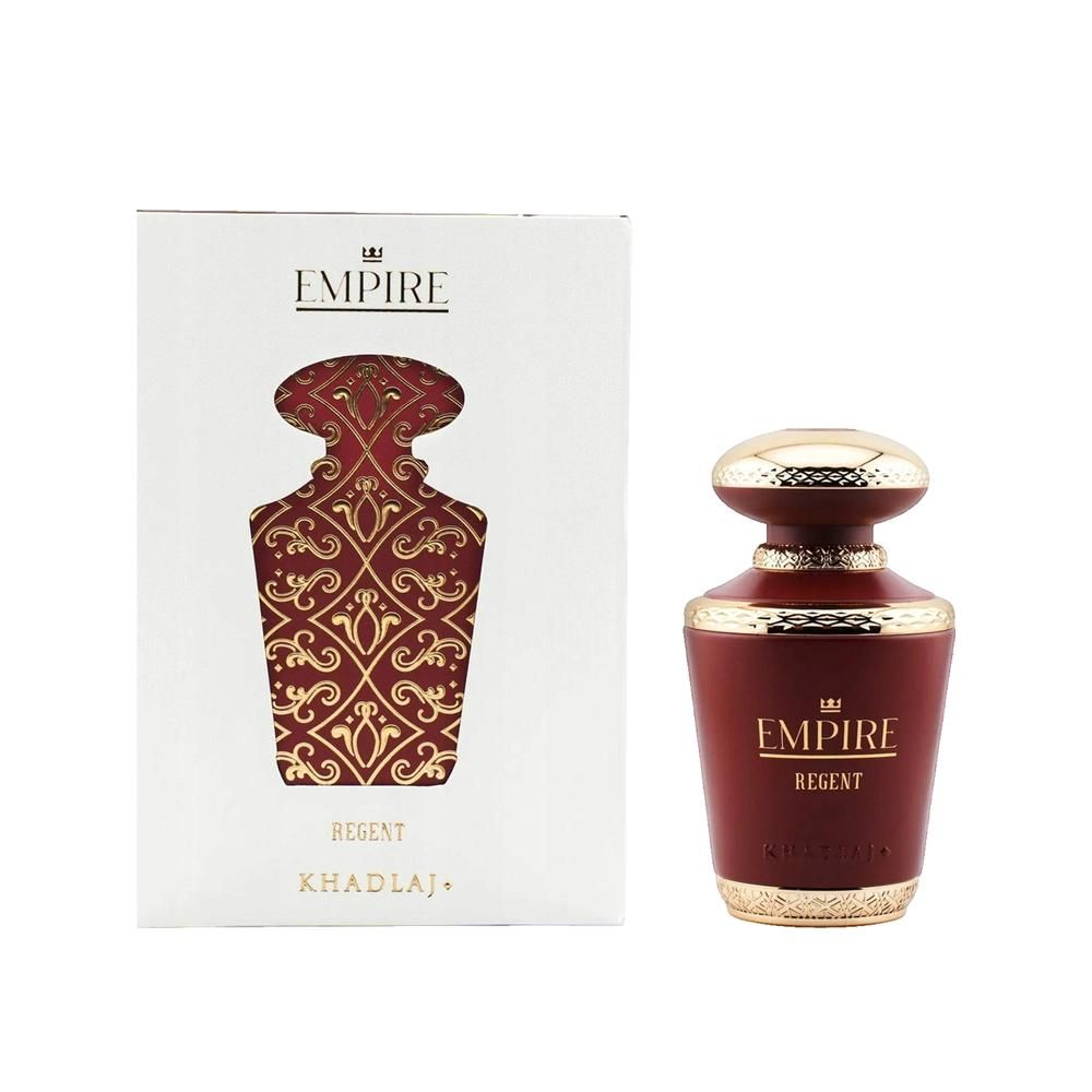 Parfümflakon und Verpackung. Flakon rot mit goldfarbenem Deckel. Verpackung weiß mit rotem Muster und Schriftzug.