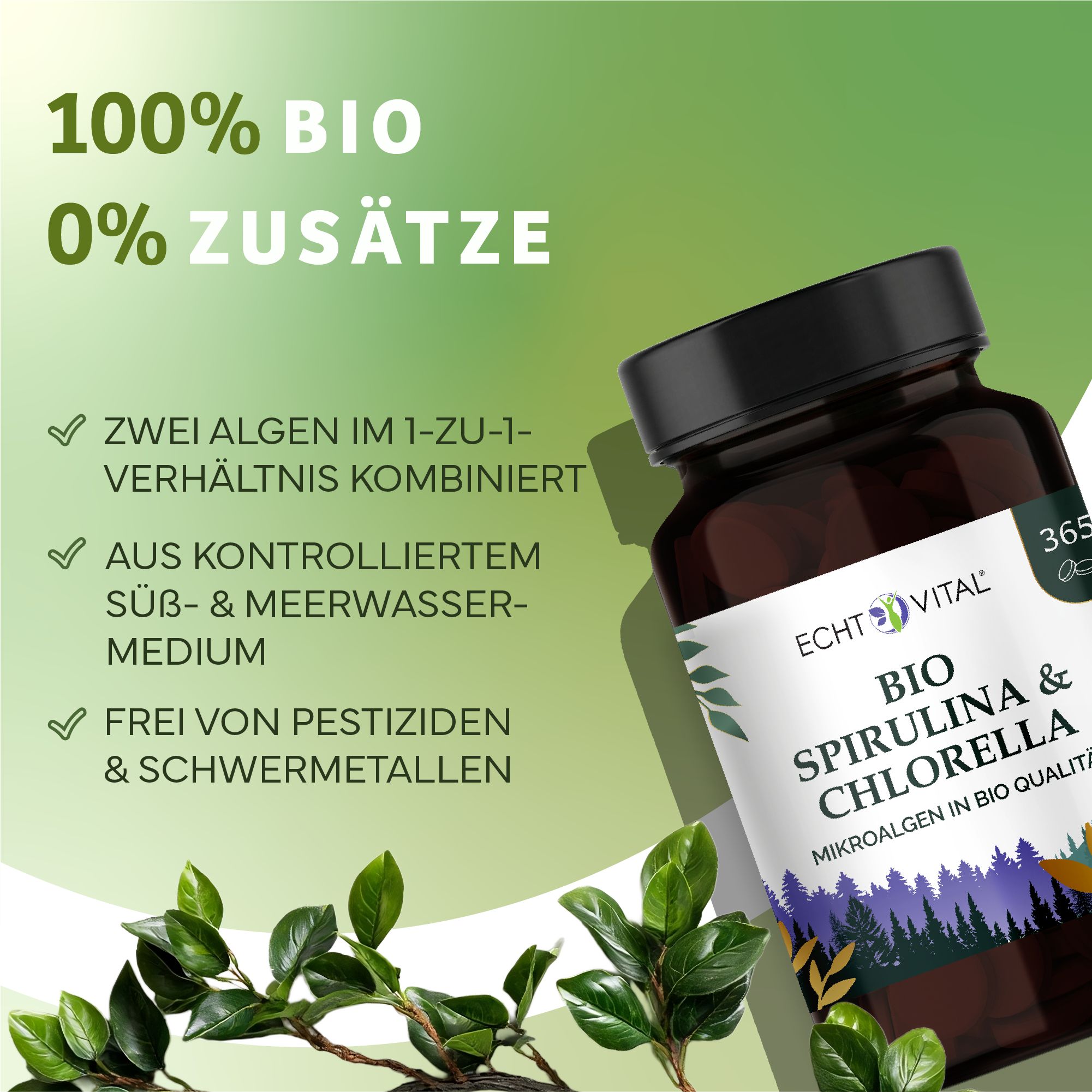 Braune Flasche mit schwarzem Deckel. Aufschrift: BIO Spirulina & Chlorella. Grün-weiße Etikett mit Text und Logo. 100% BIO, 0% Zusätze.