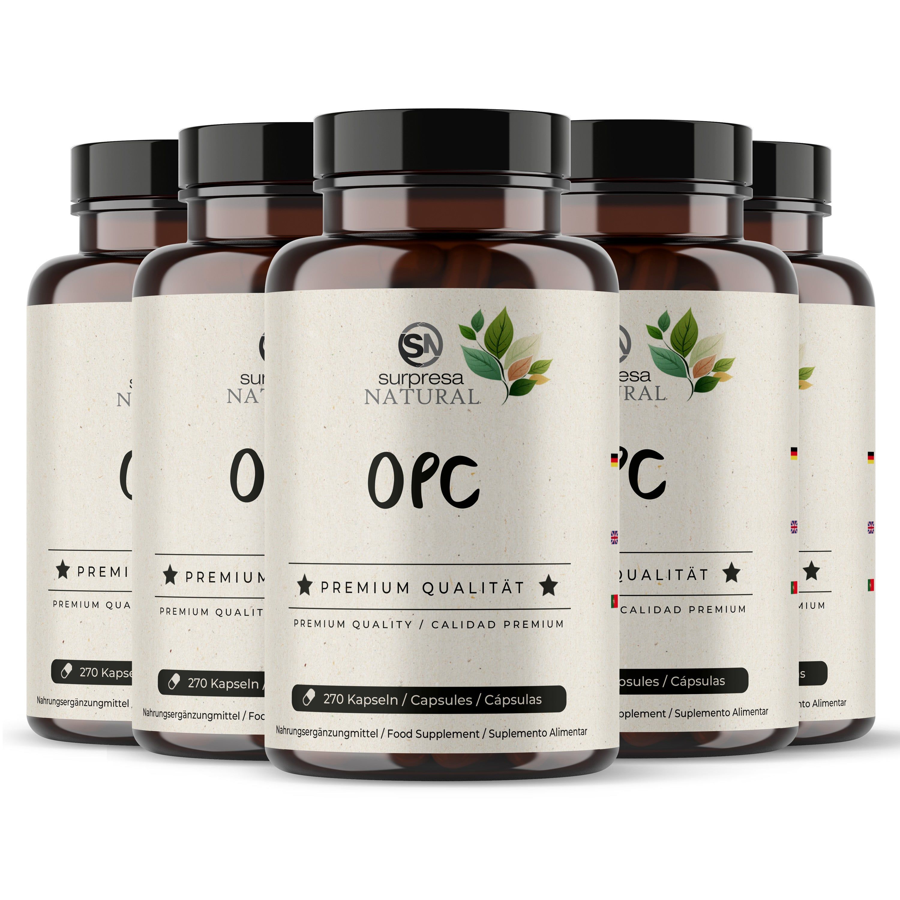 Sechs Flaschen mit OPC Kapseln, Etiketten mit "Surpresa Natural OPC" und "Premium Qualität".