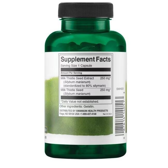 Rückseite einer grünen Flasche. Etikett mit Nährwertangaben und Inhaltsstoffen: Milk Thistle Seed Extract.