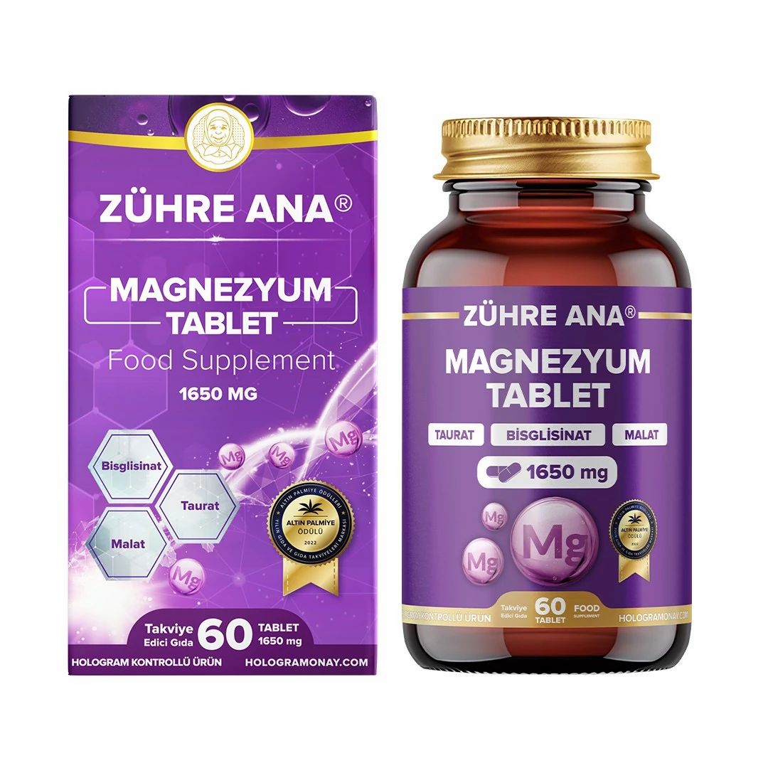 Zühre Ana Magnesium Tabletten 1650 mg: Flasche und Kartonverpackung mit 60 Tabletten.