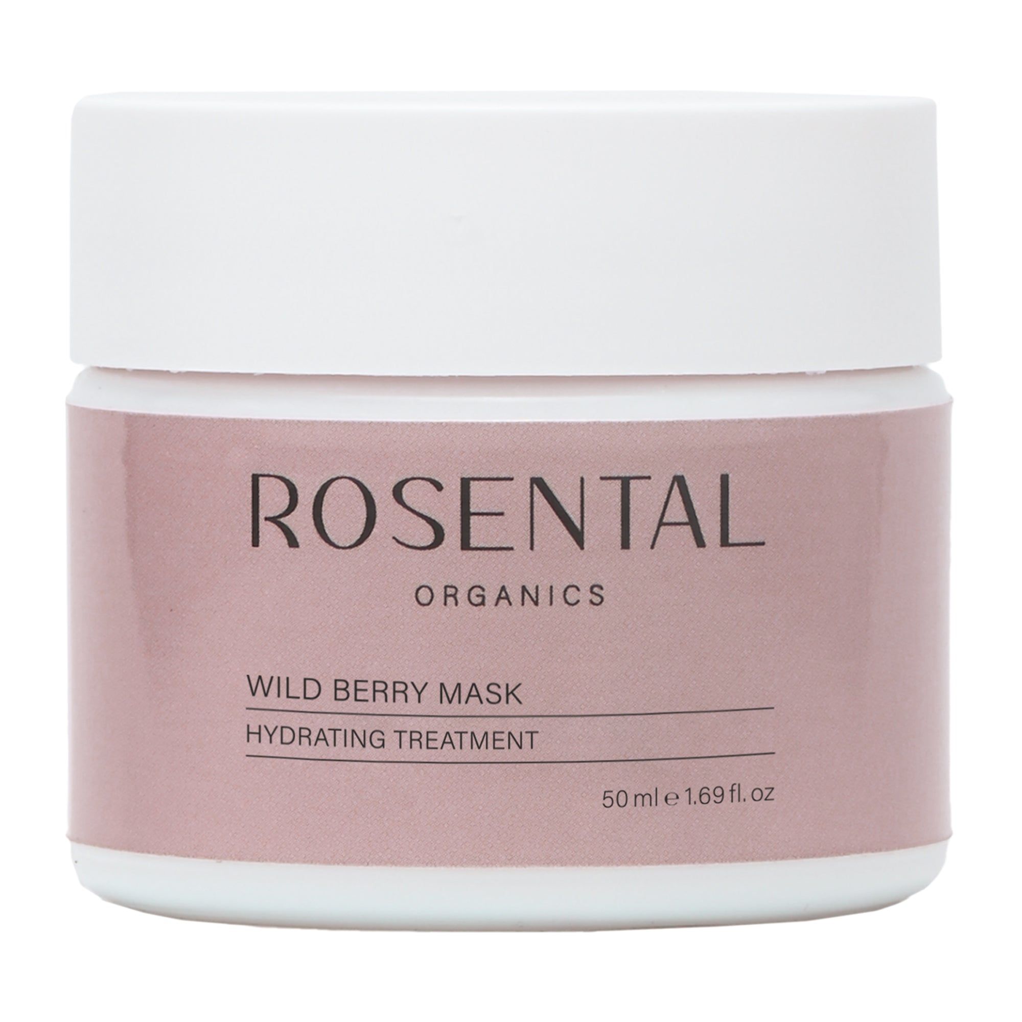 Weißer Tiegel mit Deckel. Aufschrift: Rosental Organics, Wild Berry Mask, Hydrating Treatment. 50 ml.