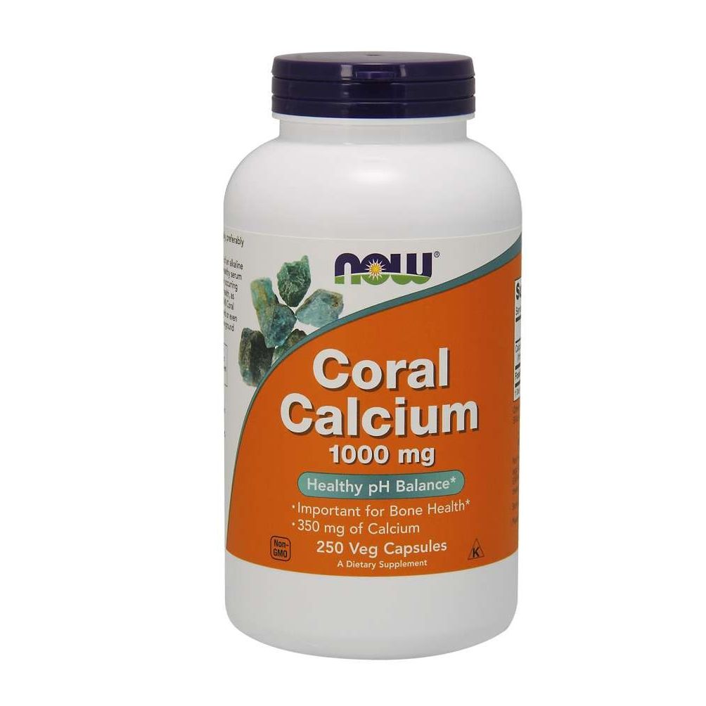 Weiße Flasche mit blauem Deckel. Aufschrift: Coral Calcium 1000 mg, Healthy pH Balance, 250 Veg Capsules. Marke: NOW.