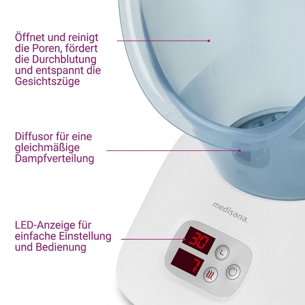Detailansicht: LED-Anzeige (30 Min.), Bedienelemente, Diffusor und Text-Hinweise.