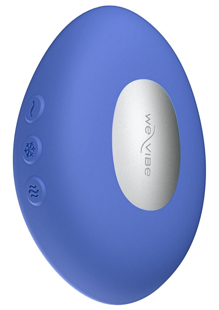 Blaues, ovales Gerät mit drei Knöpfen und einem silbernen Bereich. Logo "We-Vibe". Knöpfe mit Symbolen für Wärme und Kälte.