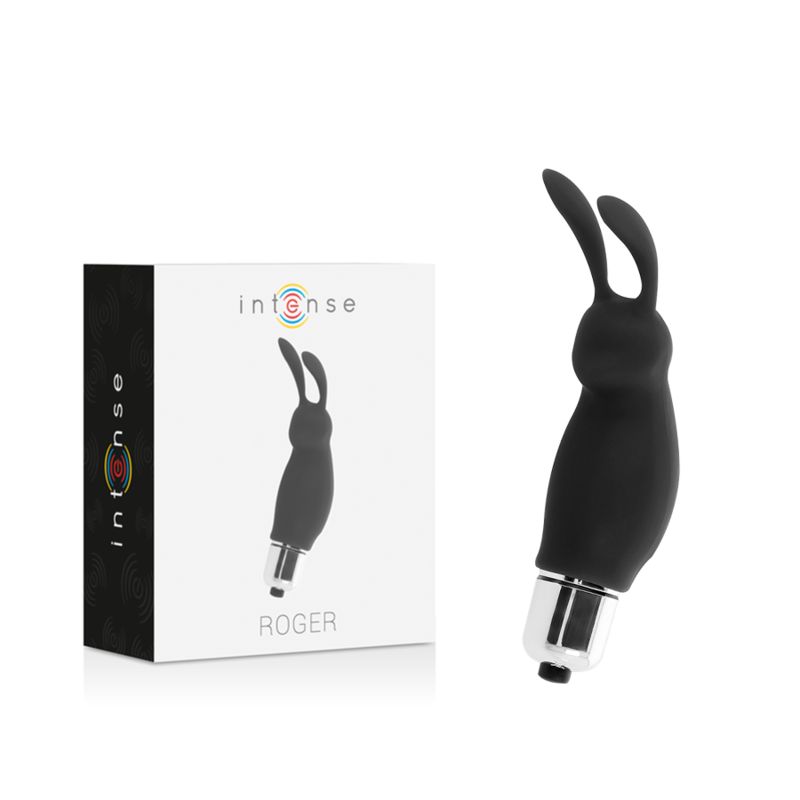 Produkt und Verpackung. Schwarzer Vibrator in Hasenform. Verpackung mit Logo 'Intense' und Produktabbildung.