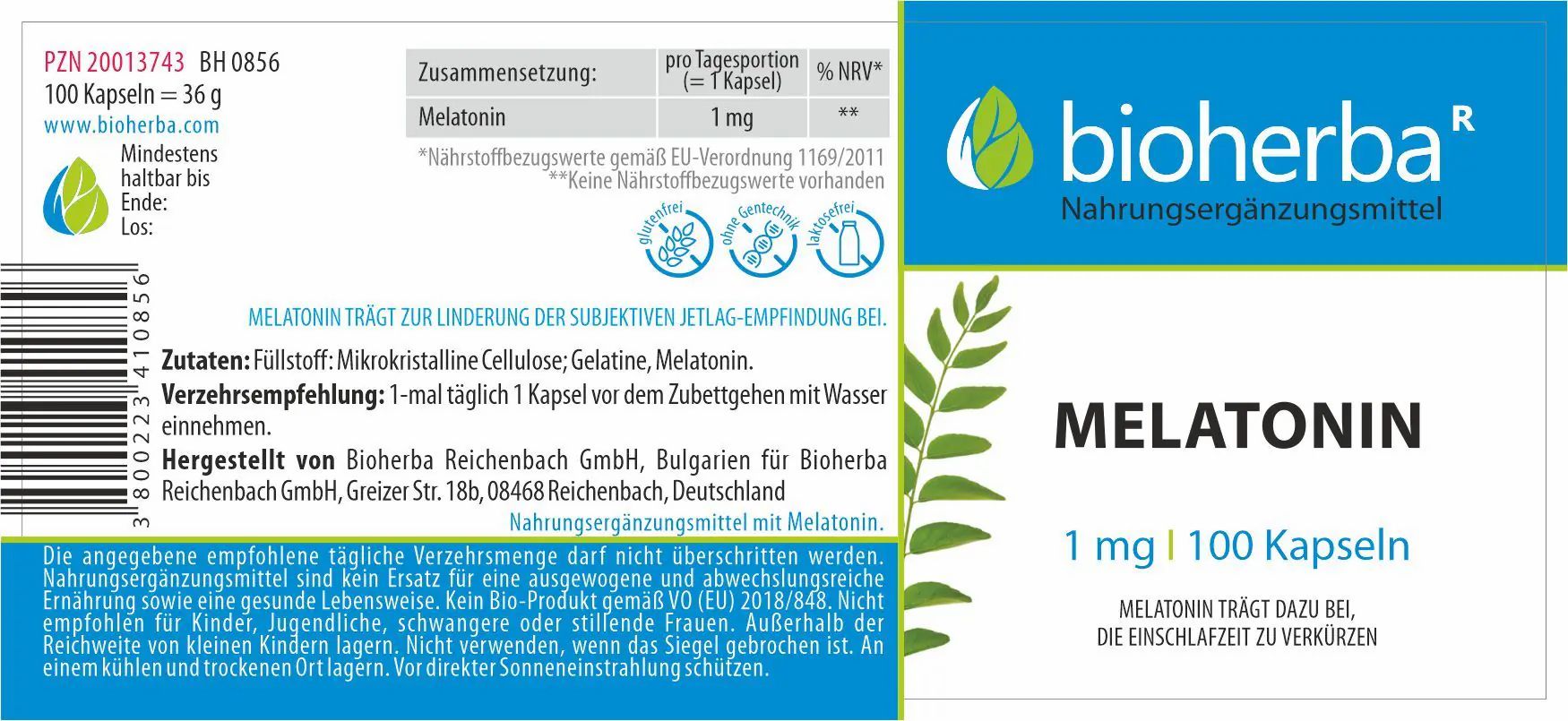 Etikett mit "bioherba" und "Melatonin". Enthält Informationen zu Inhaltsstoffen und Dosierung. Barcode.