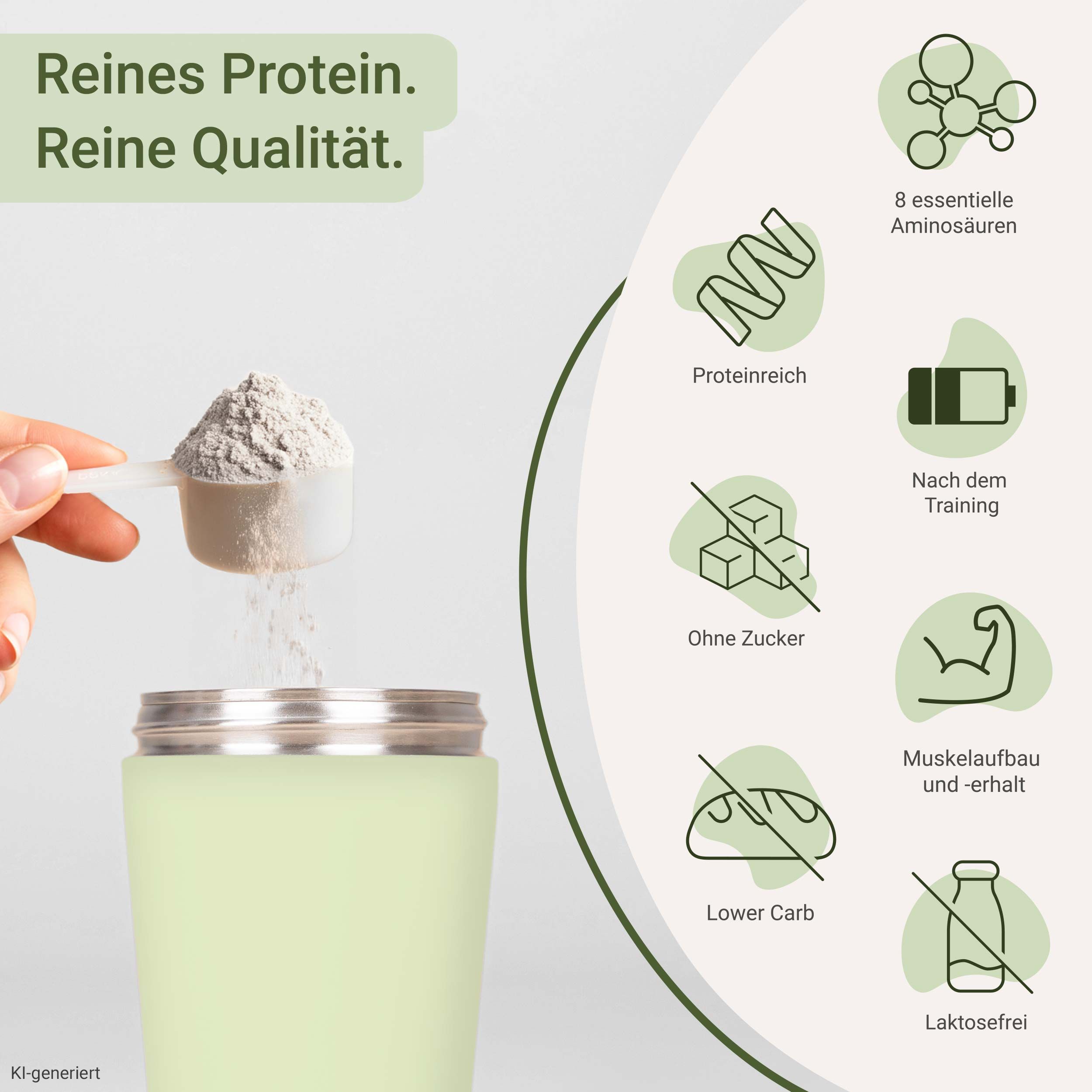Hand schöpft Proteinpulver in einen Shaker. Icons zeigen: 8 essentielle Aminosäuren, proteinreich, nach dem Training, ohne Zucker, muskelaufbauend, laktosefrei.