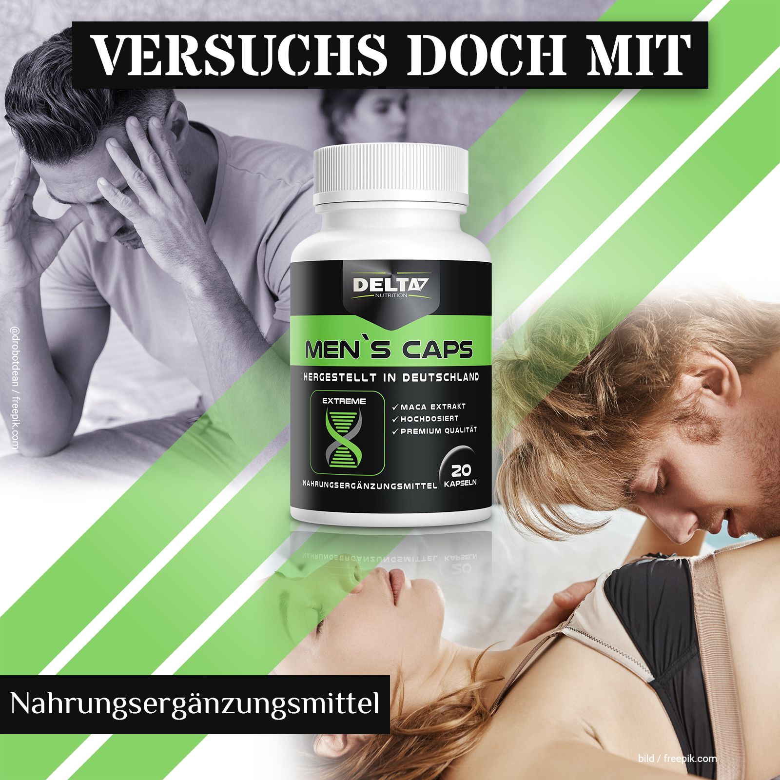 Nahrungsergänzungsmittel Men's Caps in weißer Flasche. Aufschrift: Delta7, Men's Caps, 20 Kapseln. Hintergrund: Paare, Text.