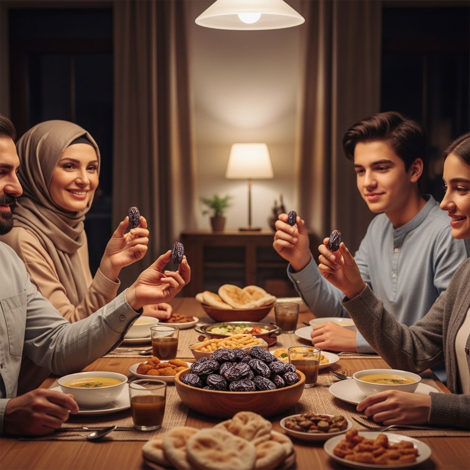 Familie isst Medjool-Datteln bei einem Abendessen.
