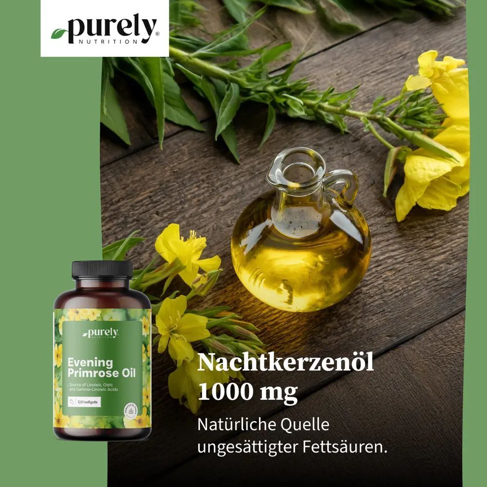 Flasche mit Kapseln neben Ölflasche und Nachtkerzenblüten. Aufschrift: Nachtkerzenöl 1000 mg.