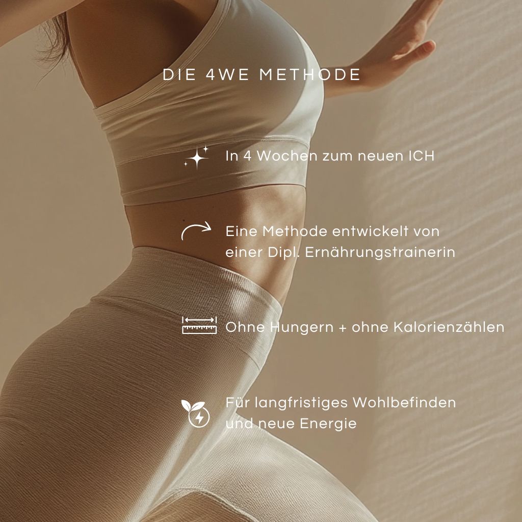 Text mit Informationen zur 4WE Methode. In 4 Wochen zum neuen Ich. Ohne Hungern + ohne Kalorienzählen. Für langfristiges Wohlbefinden.