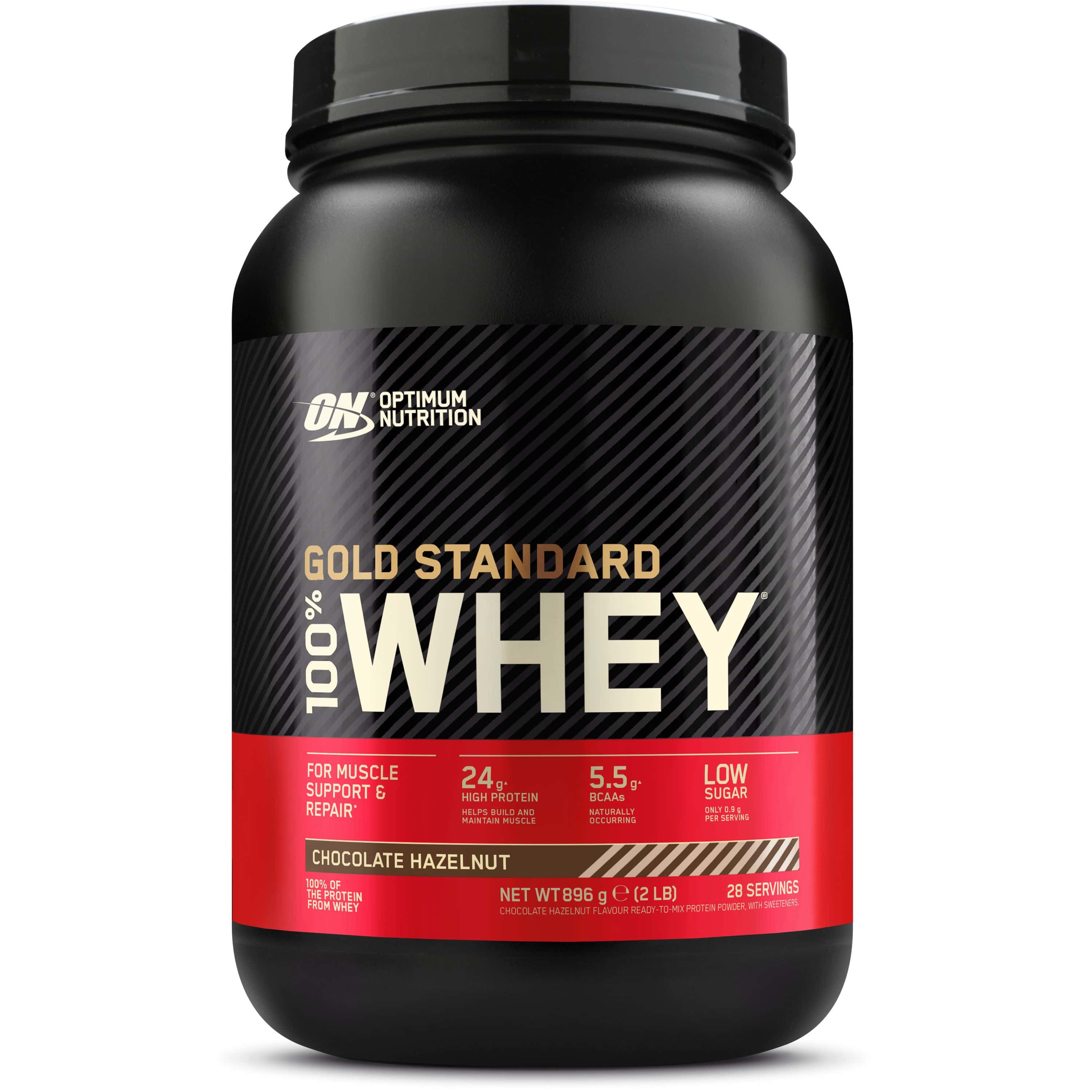 Schwarze Dose mit Gold Standard Whey. Roter Streifen mit Text. Marke Optimum Nutrition.
