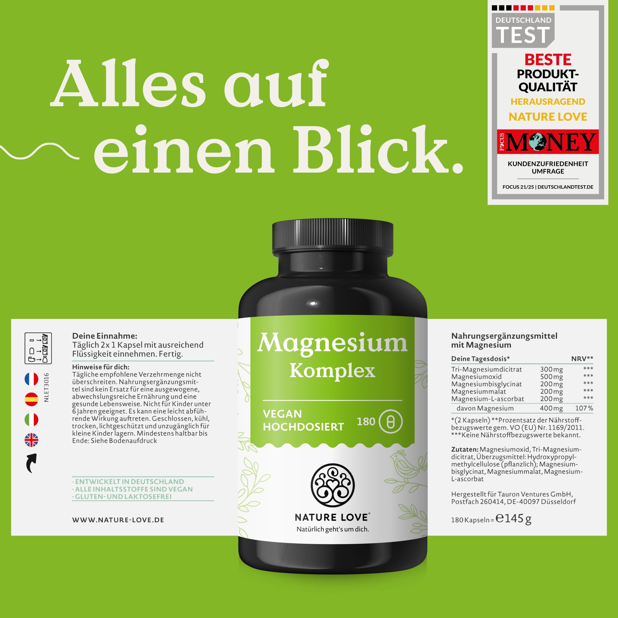 NATURE LOVE Magnesium Komplex Flasche. Mit Siegel 'Deutschland Test'. Text: Alles auf einen Blick. Einnahme & Nährwerte.