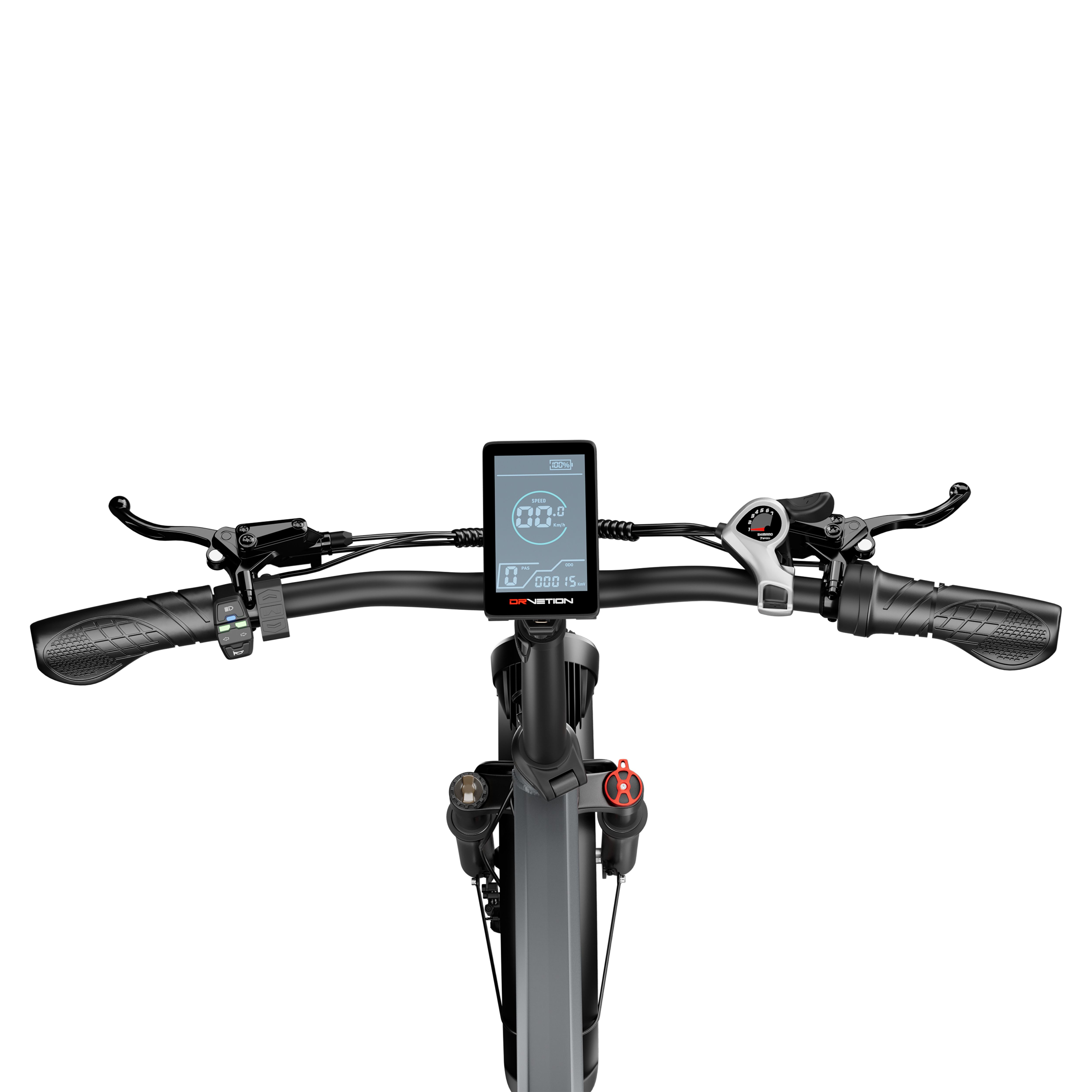 Lenker eines E-Bikes. Digitales Display, Bedienelemente. Marke: DrveTion. Schwarze Farbe.