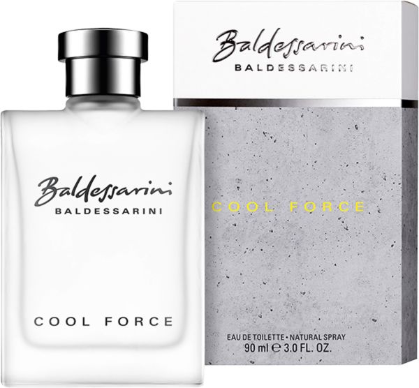 Baldessarini Cool Force Edt Spray Flakon und Verpackung. Weißes Flakon, silberner Verschluss, graue Verpackung.