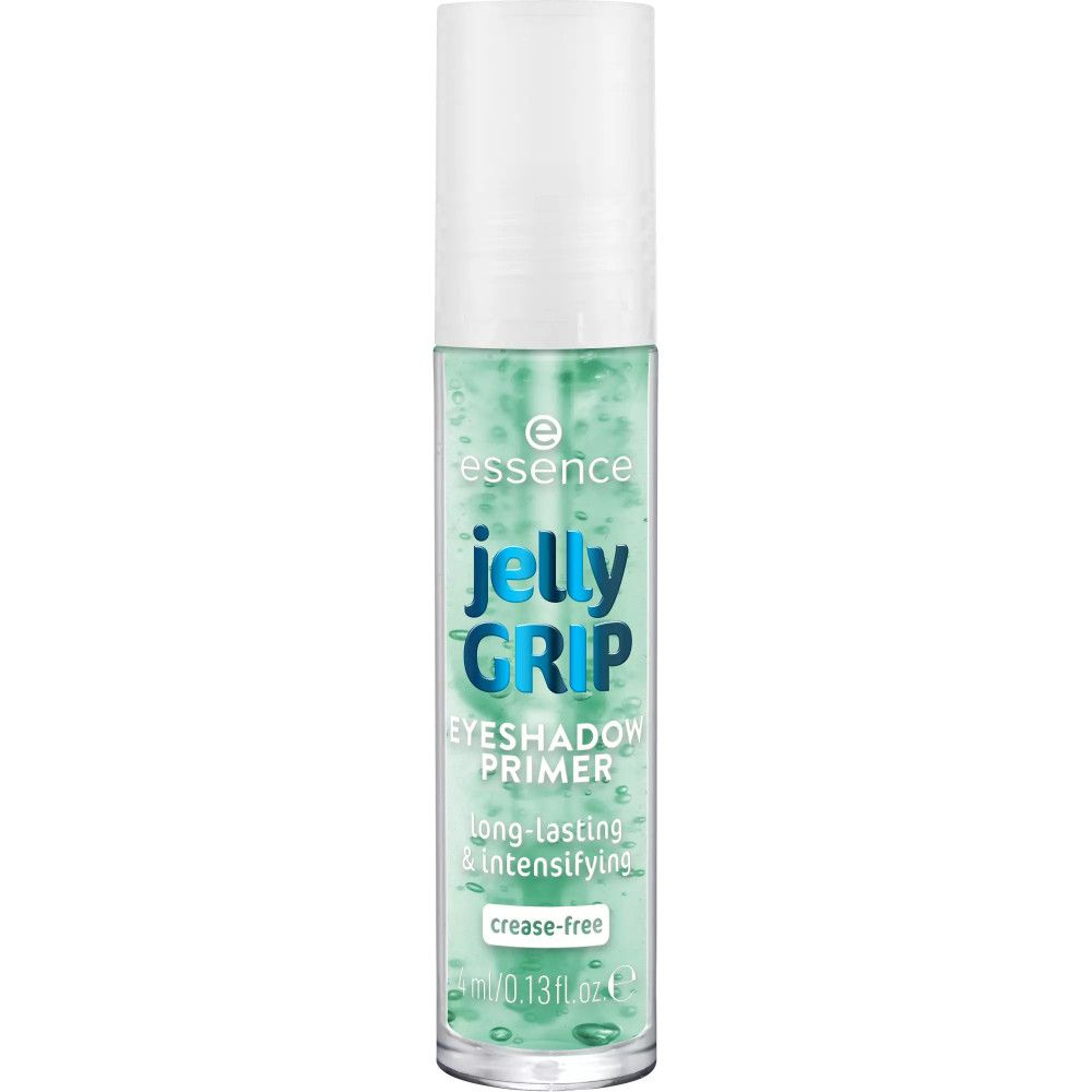 Essence Jelly Grip Lidschatten-Base. Transparente Tube mit grünem Inhalt. Aufschrift: Jelly Grip, Eyeshadow Primer, 0.13 fl oz.