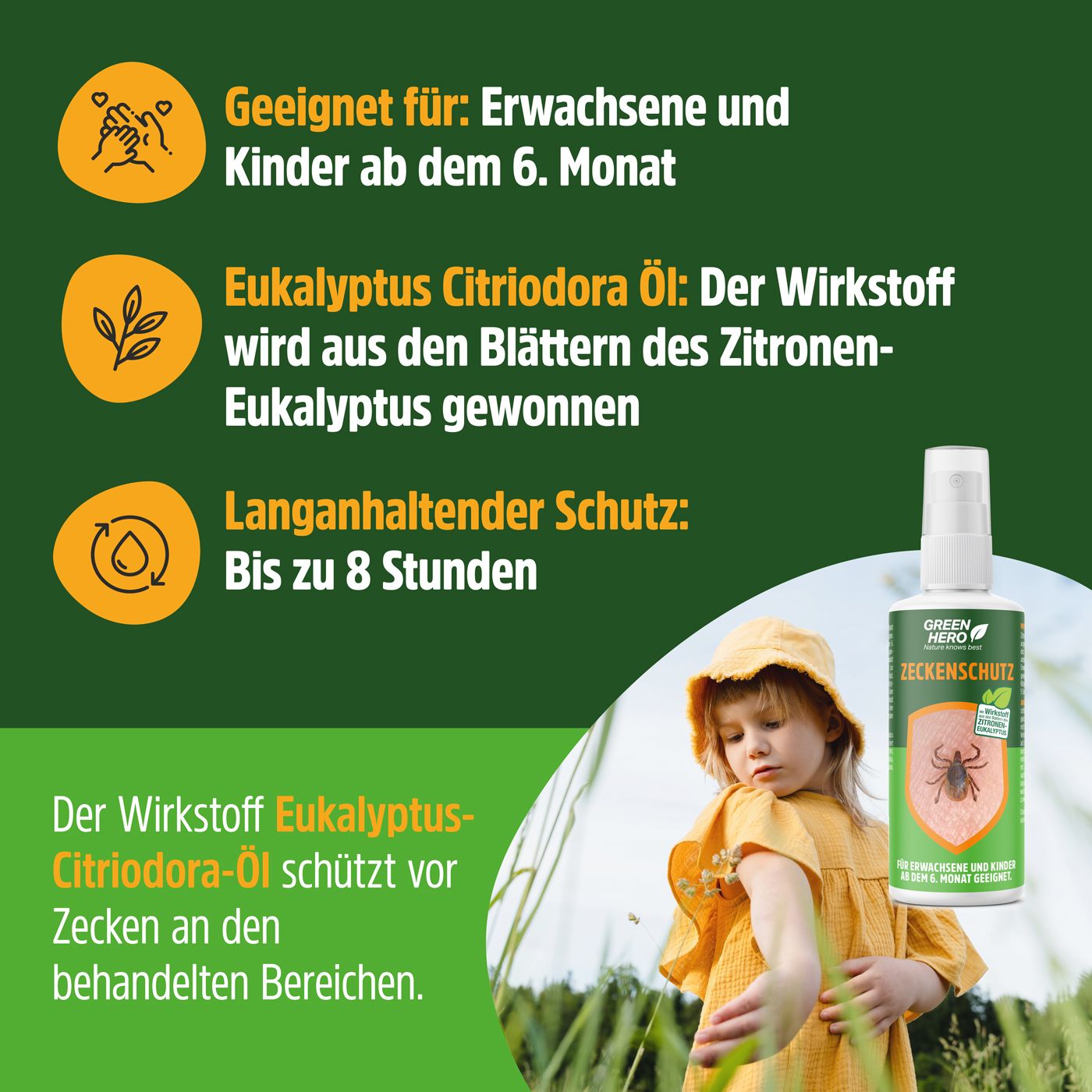Kind im Freien. Flasche mit Sprühkopf. Text: Zeckenschutz. Text: Für Erwachsene und Kinder ab dem 6. Monat geeignet. Text: Eukalyptus Citriodora Öl.