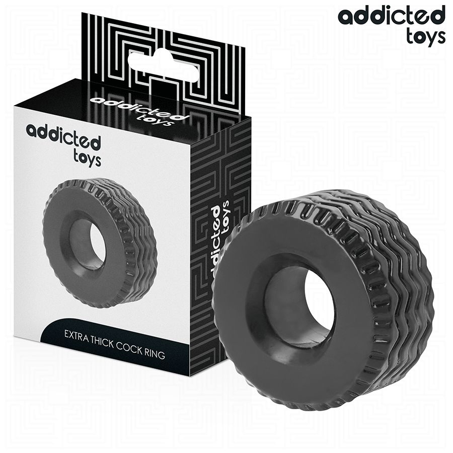 Schwarzer Penisring mit geriffelter Oberfläche. Verpackung mit Markenlogo und Produktbezeichnung.