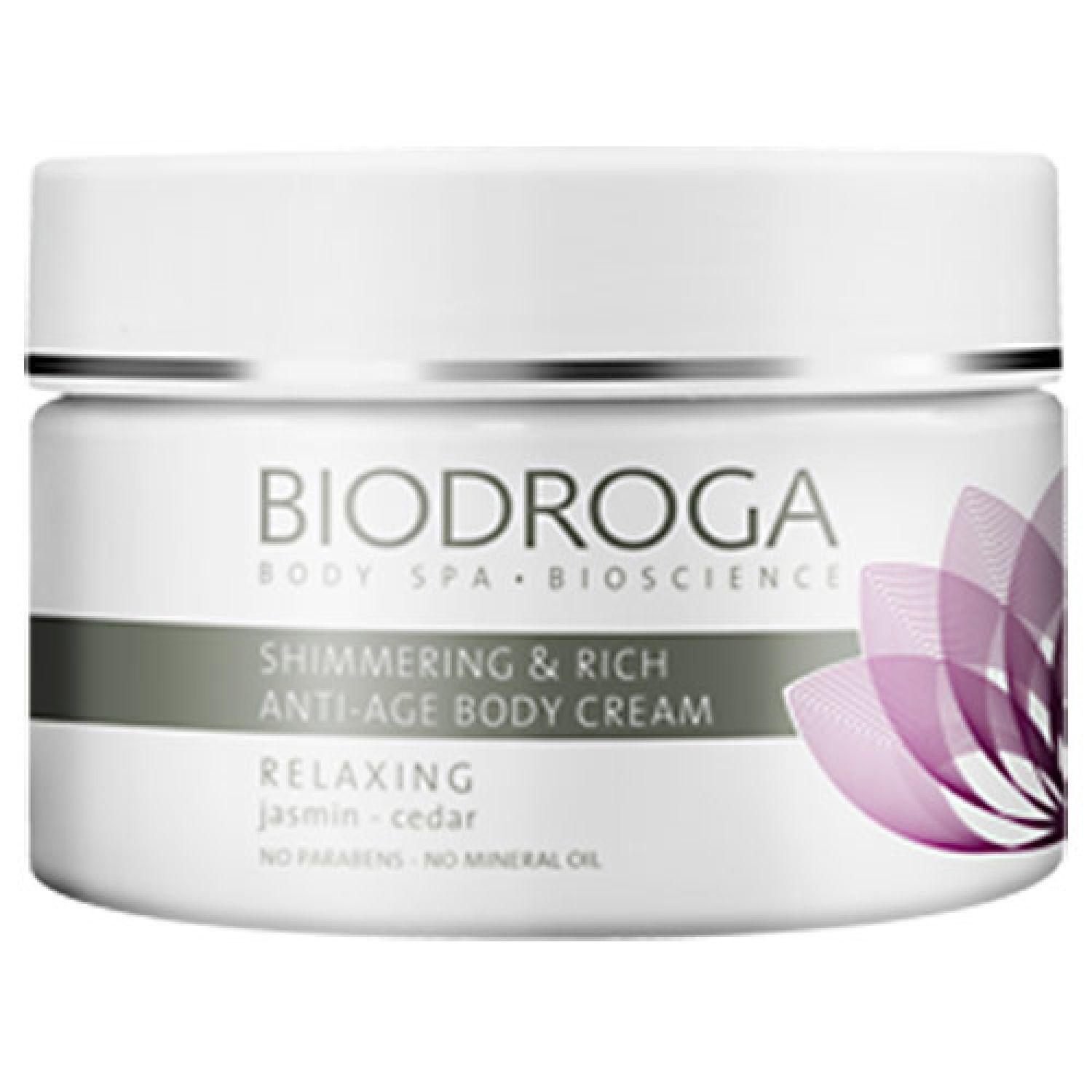 Weißer Tiegel mit silbernem Rand. Aufschrift: BIODROGA, SHIMMERING & RICH ANTI-AGE BODY CREAM, RELAXING. Abbildung einer Blüte.
