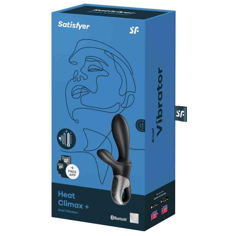 Verpackung des Analvibrators Heat Climax+. Blau, mit Gesichtskontur. Produktname und App-Informationen. Vibrator-Design sichtbar.