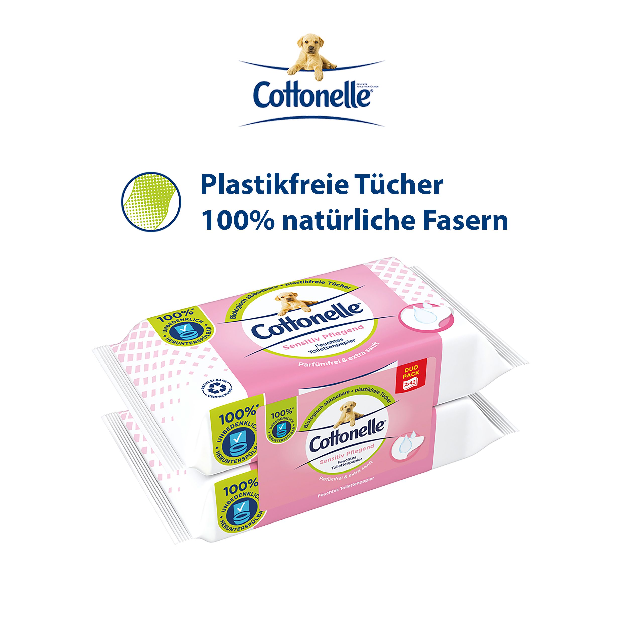 Cottonelle Feuchttücher Duo-Pack. Rosa Verpackung mit Welpen-Motiv. Plastikfreie Tücher, 100% natürliche Fasern.