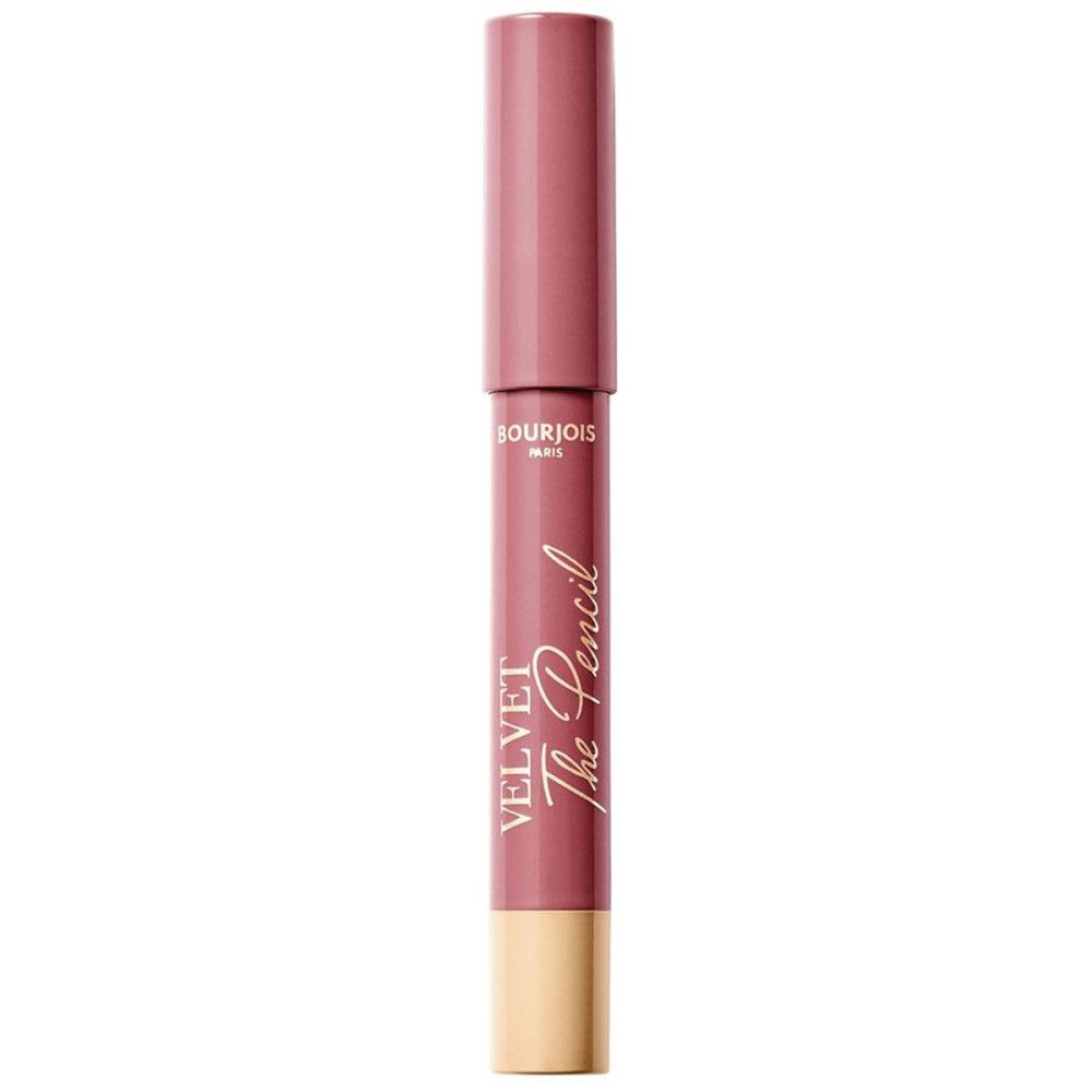 Lippenstiftstift in Mauve. Text: Bourjois Velvet The Pencil. Stift mit goldener Spitze und passendem Deckel.