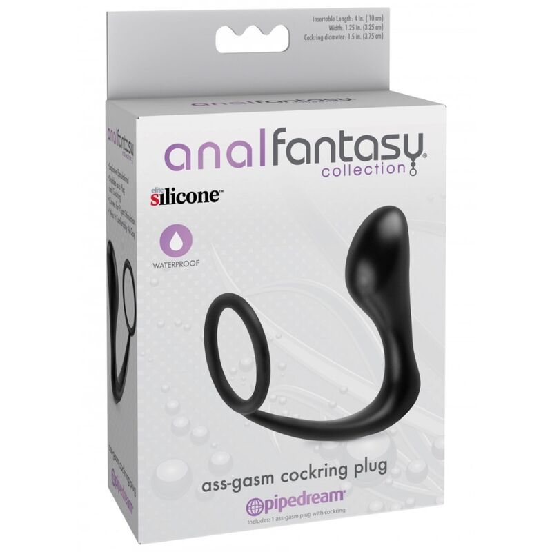 Verpackung von Anal Fantasy. Enthält einen schwarzen Penisring mit Analstimulator. Marke: pipedream.