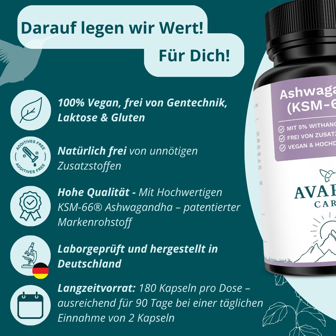 AVARIA CARE® Ashwagandha KSM-66® – hochdosiert – 5% Withanolide – vegan