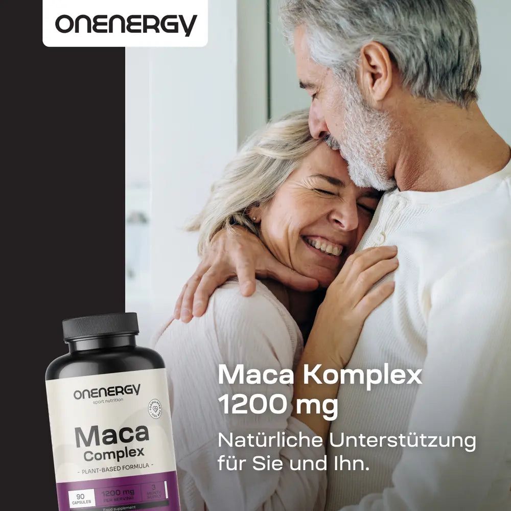 Flasche Maca Komplex 1200 mg, 90 Kapseln, Paar auf Bett.