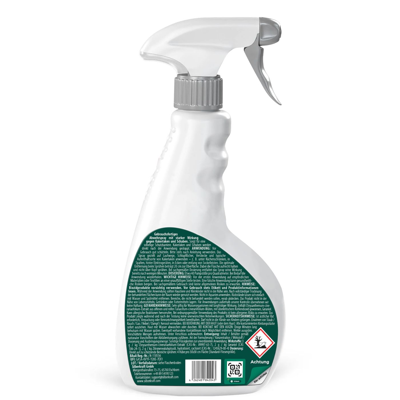 Rückseite der Sprayflasche. Text und Warnhinweise. Produkt: SILBERKRAFT Schaben & Kakerlakenspray. Enthält Informationen.