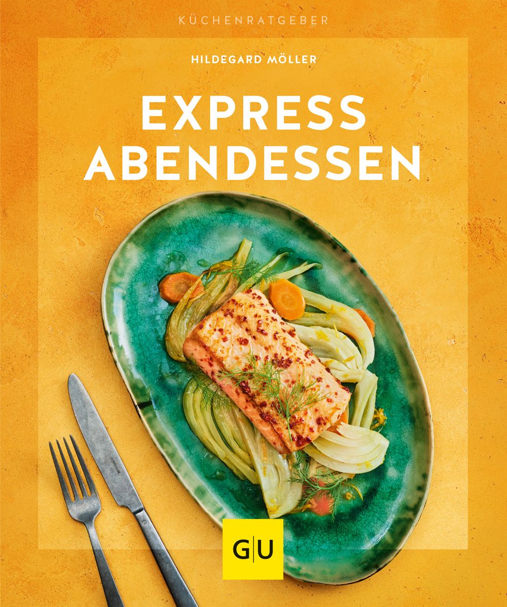 Kochbuch-Cover mit Titel "Express-Abendessen" und Autorin Hildegard Möller. Auf einem Teller: Lachs, Fenchel und Karotten. GU-Logo.