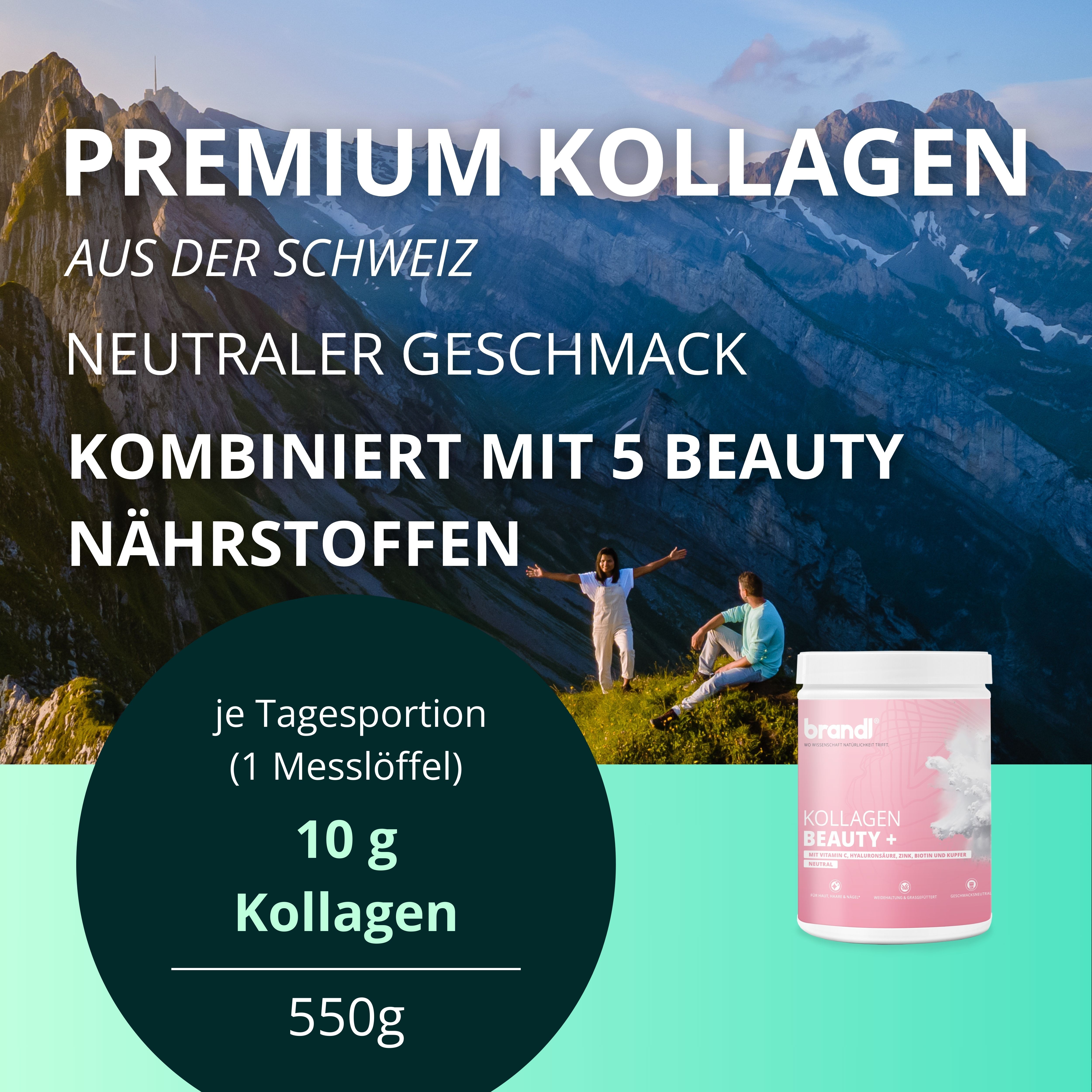 Weißes Produktglas mit "brandl® Kollagen Beauty +"-Etikett. Text: Premium Kollagen, 10 g Kollagen, 550g. Hintergrund: Berge, Personen.