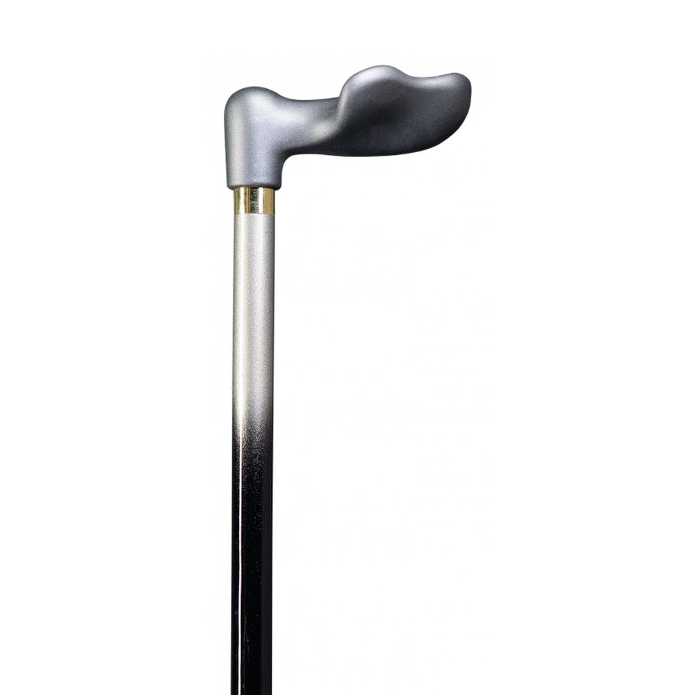 Gehstock mit ergonomischem Griff. Der Griff ist grau, der Schaft ist silber und schwarz. Goldfarbene Verbindung.