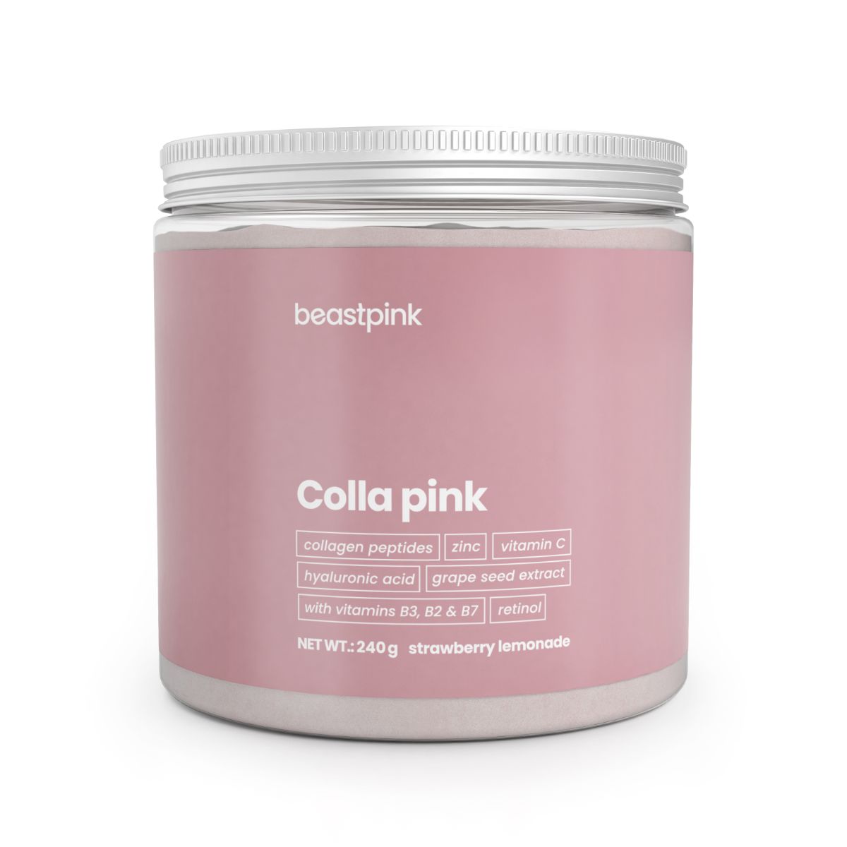 GymBeam Colla Pink Kollagenpeptide Pulver in rosa Dose mit silbernem Deckel. Enthält Kollagenpeptide, Hyaluronsäure, Vitamine und Mineralstoffe.