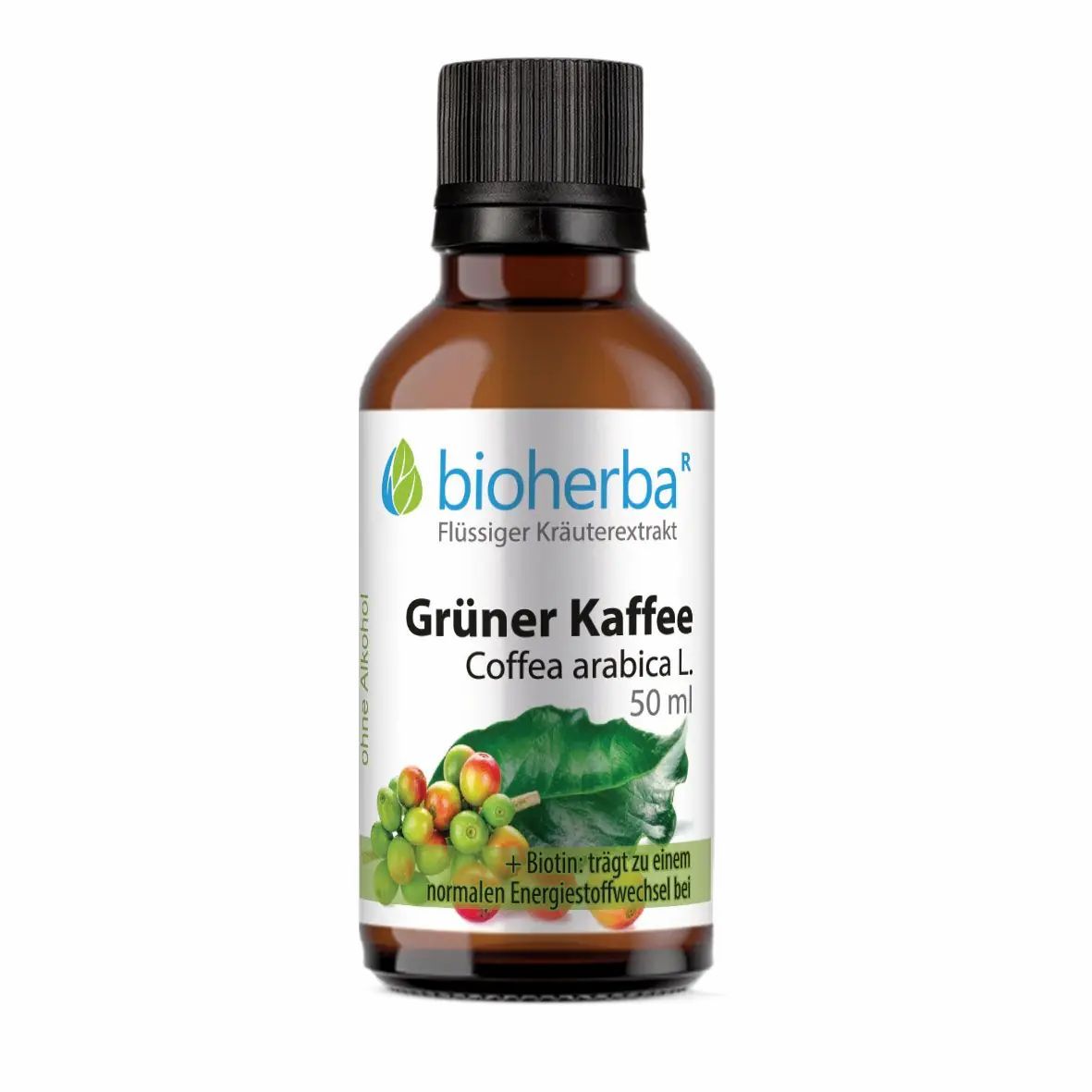 Braune Glasflasche mit schwarzem Deckel. Etikett mit "Bioherba", "Grüner Kaffee", Blättern und Beeren.