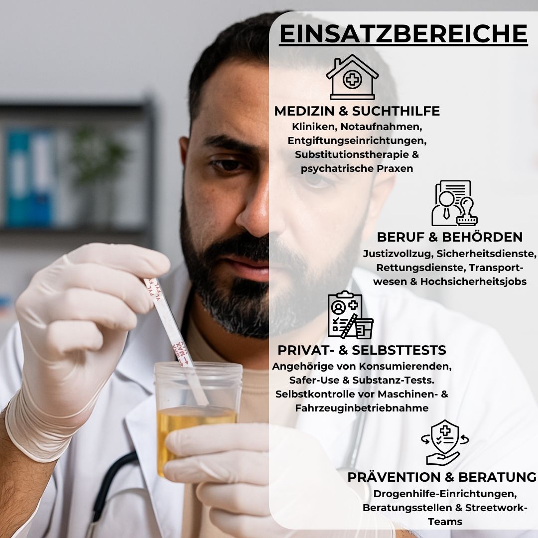 Person hält Urinteststreifen über einem Becher. Einsatzbereiche: Medizin, Beruf, Privat, Prävention.