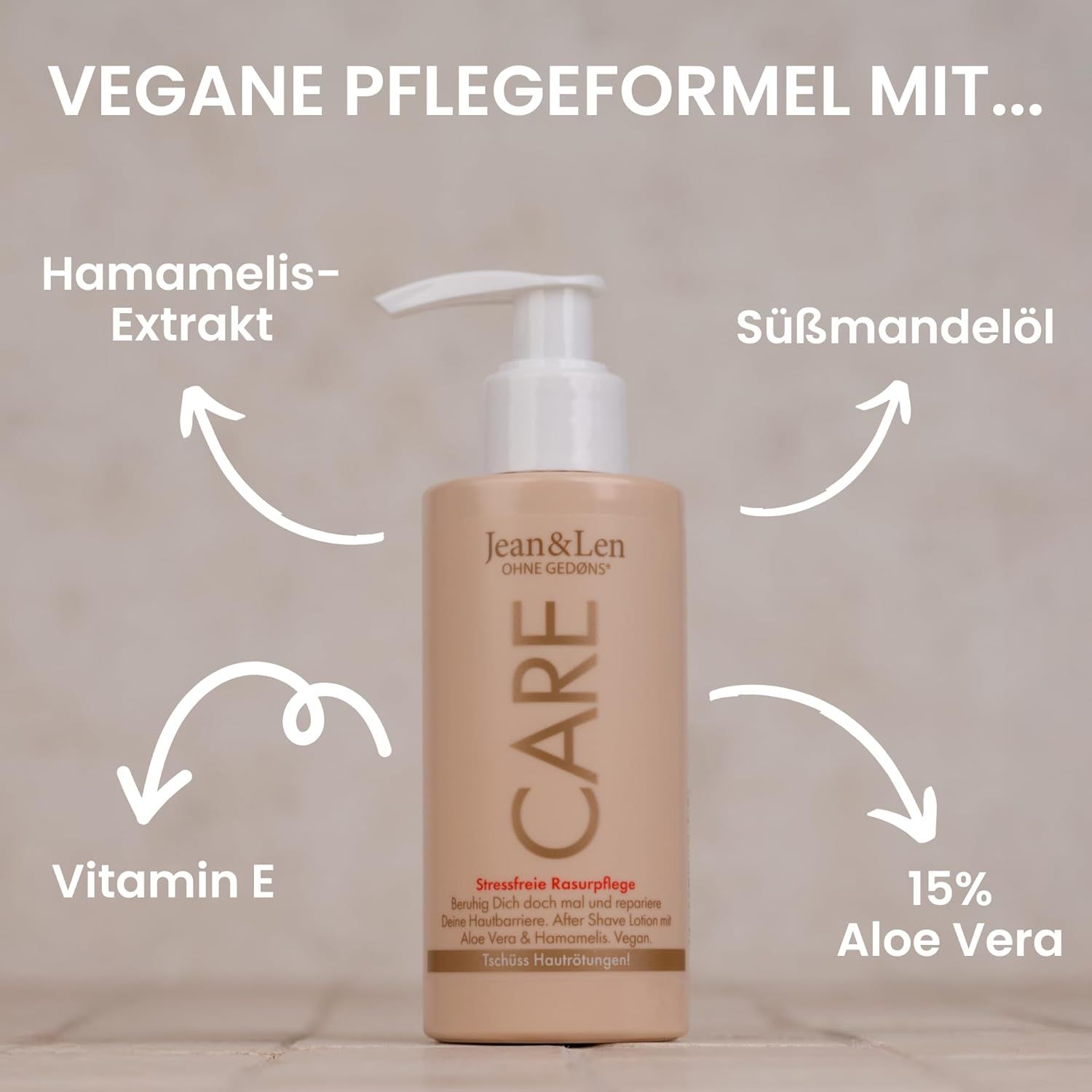 Beige Flasche mit Pumpe. Beschriftung: Jean & Len CARE. Text: Vegane Pflegeformel mit Hamamelis-Extrakt, Süßmandelöl, Vitamin E und 15% Aloe Vera.