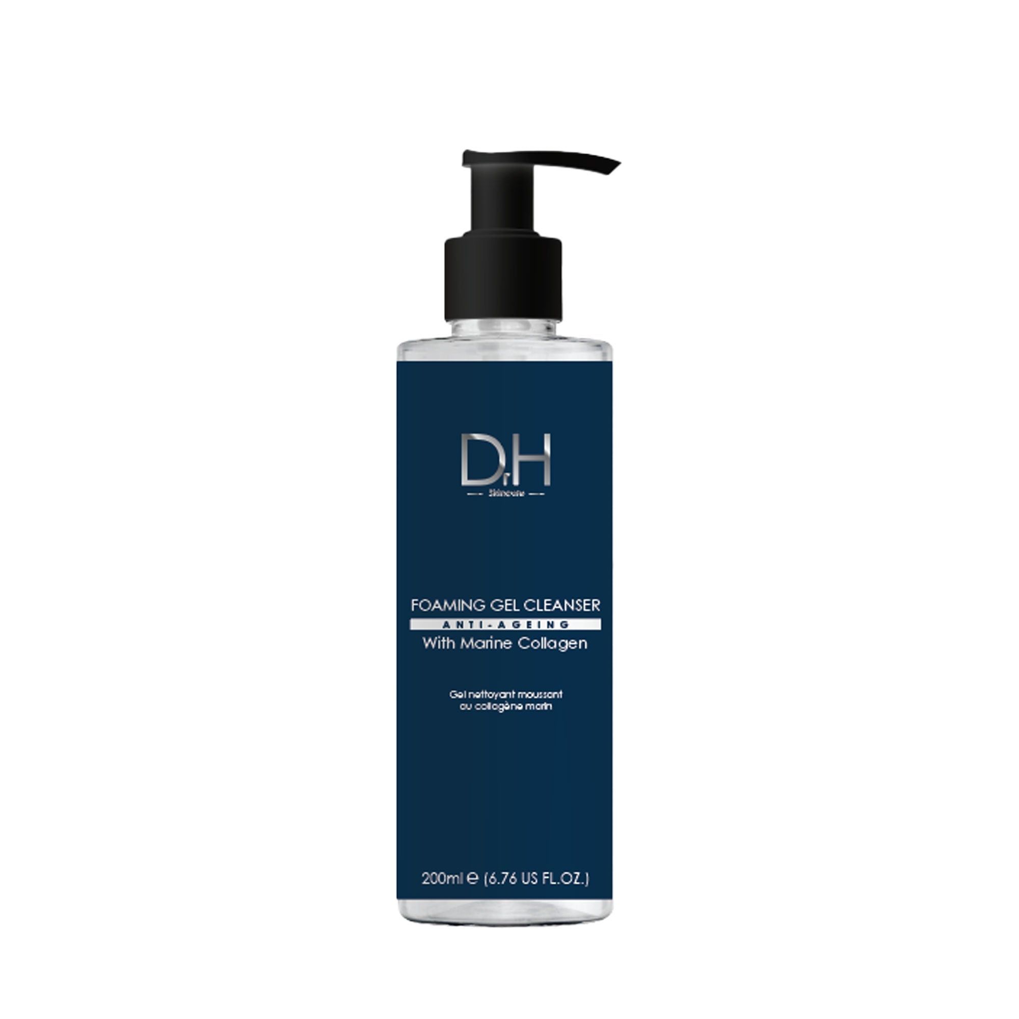 Eine Flasche Dr. H Foaming Gel Cleanser mit schwarzer Pumpe. Aufschrift: Anti-Aging, Marine Collagen. Blaue Flasche mit weißer Schrift.
