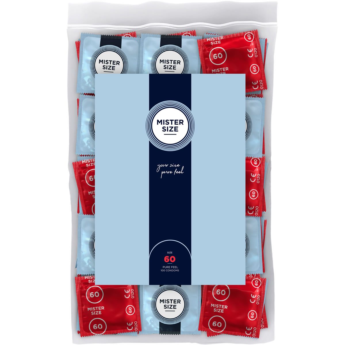 Verpackung mit Kondomen. Sichtbar: Mister Size, 60 Stück. Rote und blaue Einzelverpackungen in einer transparenten Tüte.