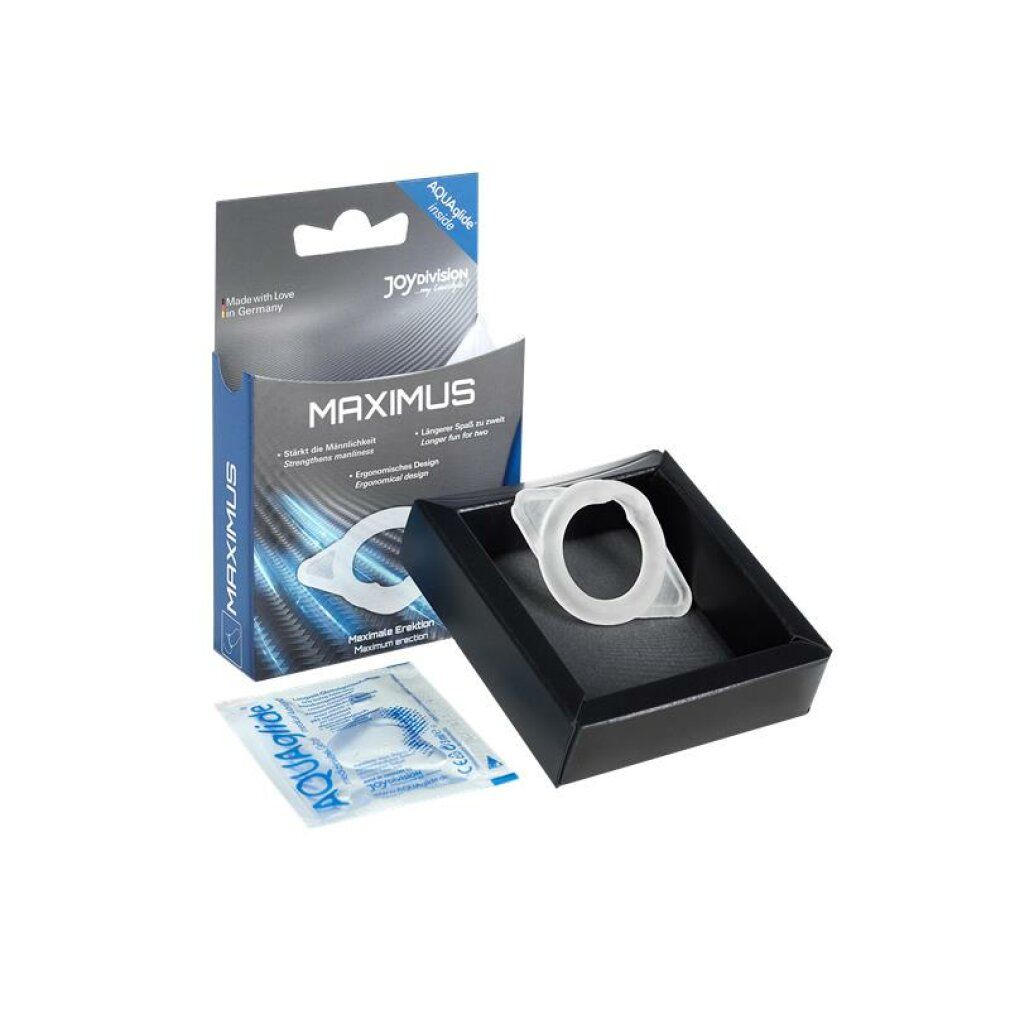 MAXIMUS-Produktpräsentation. Weißer Potenzring, AquaGlide-Beutel, schwarze Box. Schriftzug MAXIMUS. Ergonomisches Design.