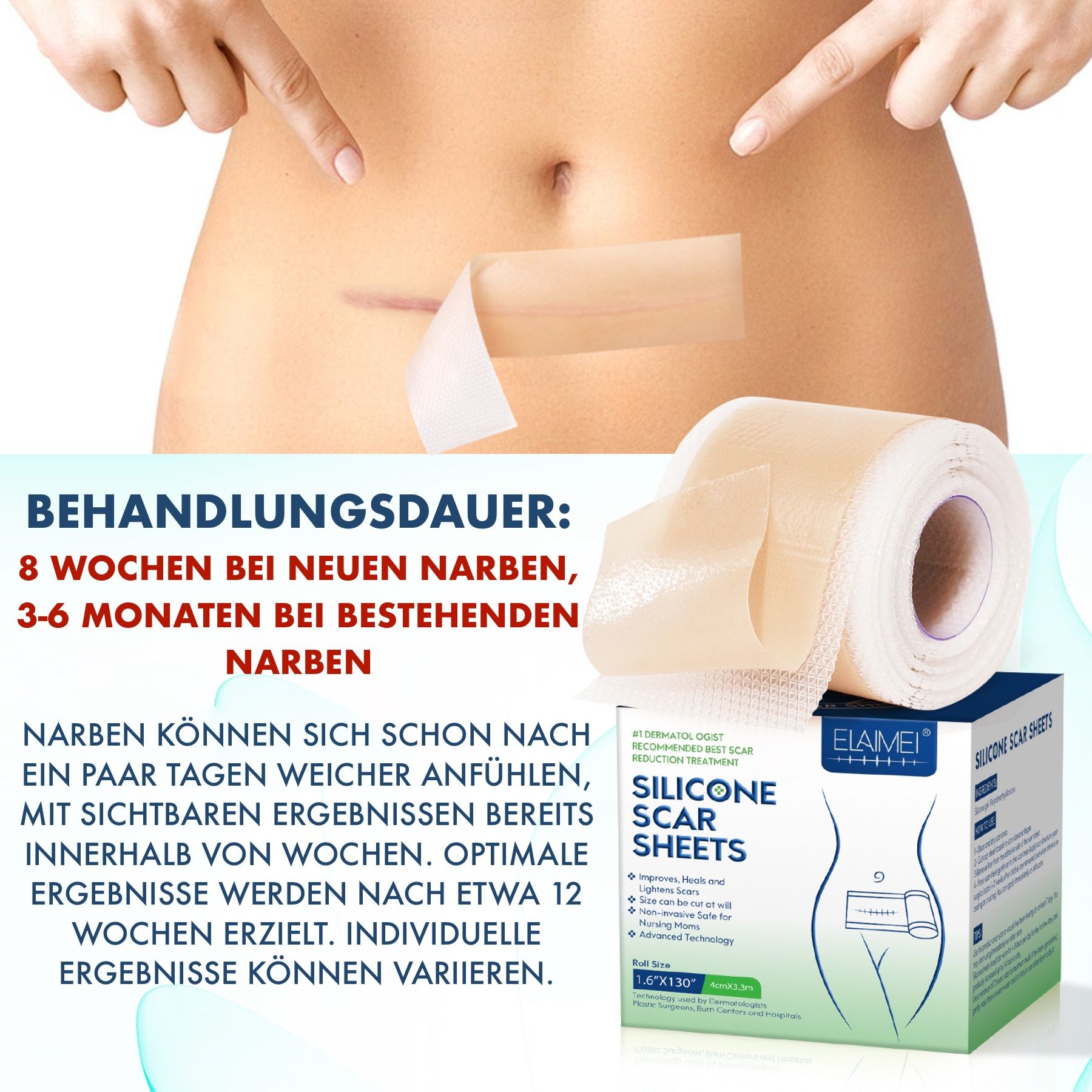 Silikonpflaster-Rolle und Verpackung. Behandlung von Narben: 8 Wochen bei neuen, 3-6 Monaten bei bestehenden Narben.
