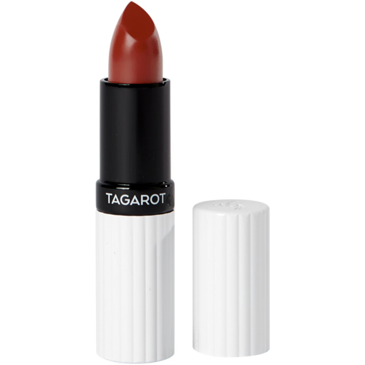 Geöffneter Lippenstift. Weißer Lippenstift mit schwarzem Band, Schriftzug TAGAROT. Roter Lippenstift sichtbar.