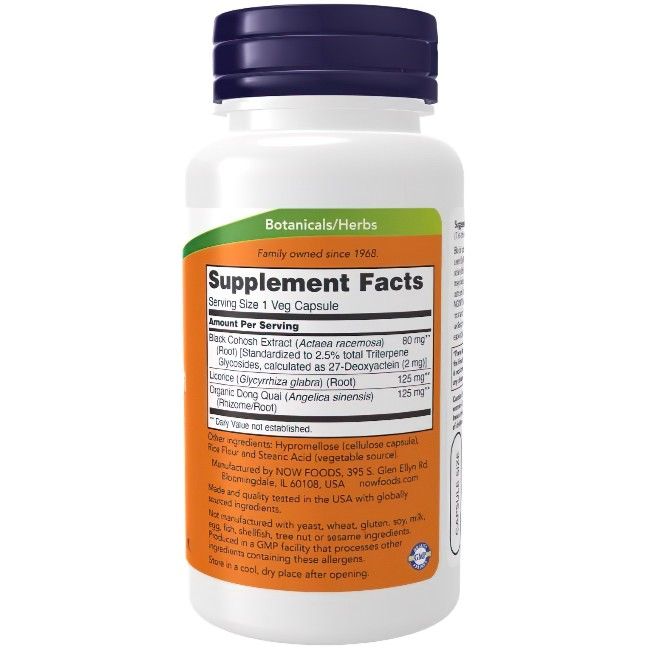Rückseite der Now Foods Black Cohosh Root Kapseln. Supplement Facts, 90 Veg Kapseln.