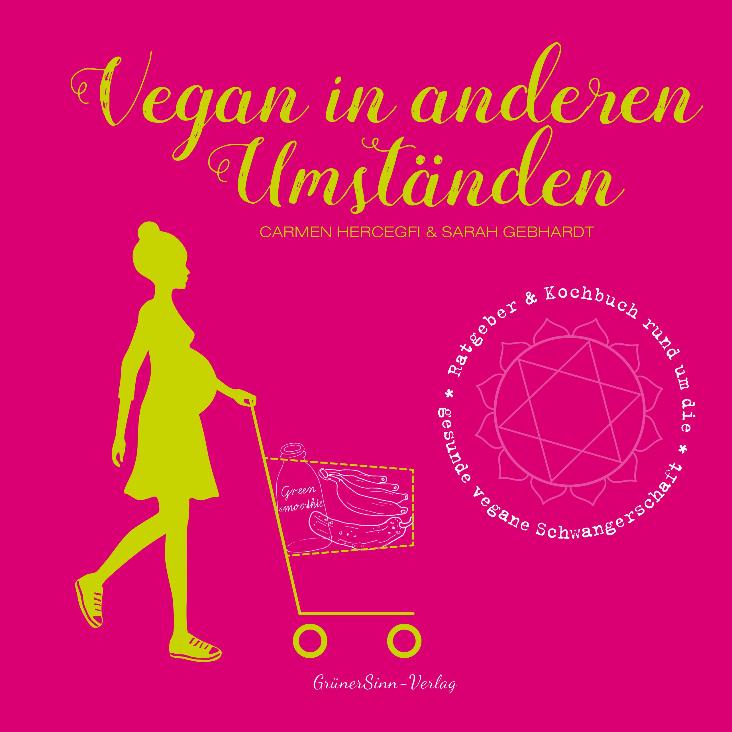 Buchcover: "Vegan in anderen Umständen". Schwangere Frau mit Einkaufswagen, Illustration in Grün auf pinkem Hintergrund.