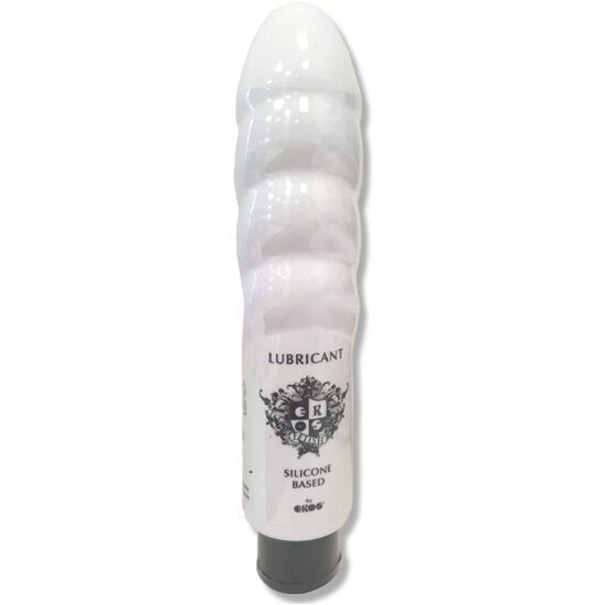 Weißes, dildo-förmiges Behältnis mit schwarzem Verschluss. Aufschrift: LUBRICANT, SILICONE BASED. Marke: EROS.