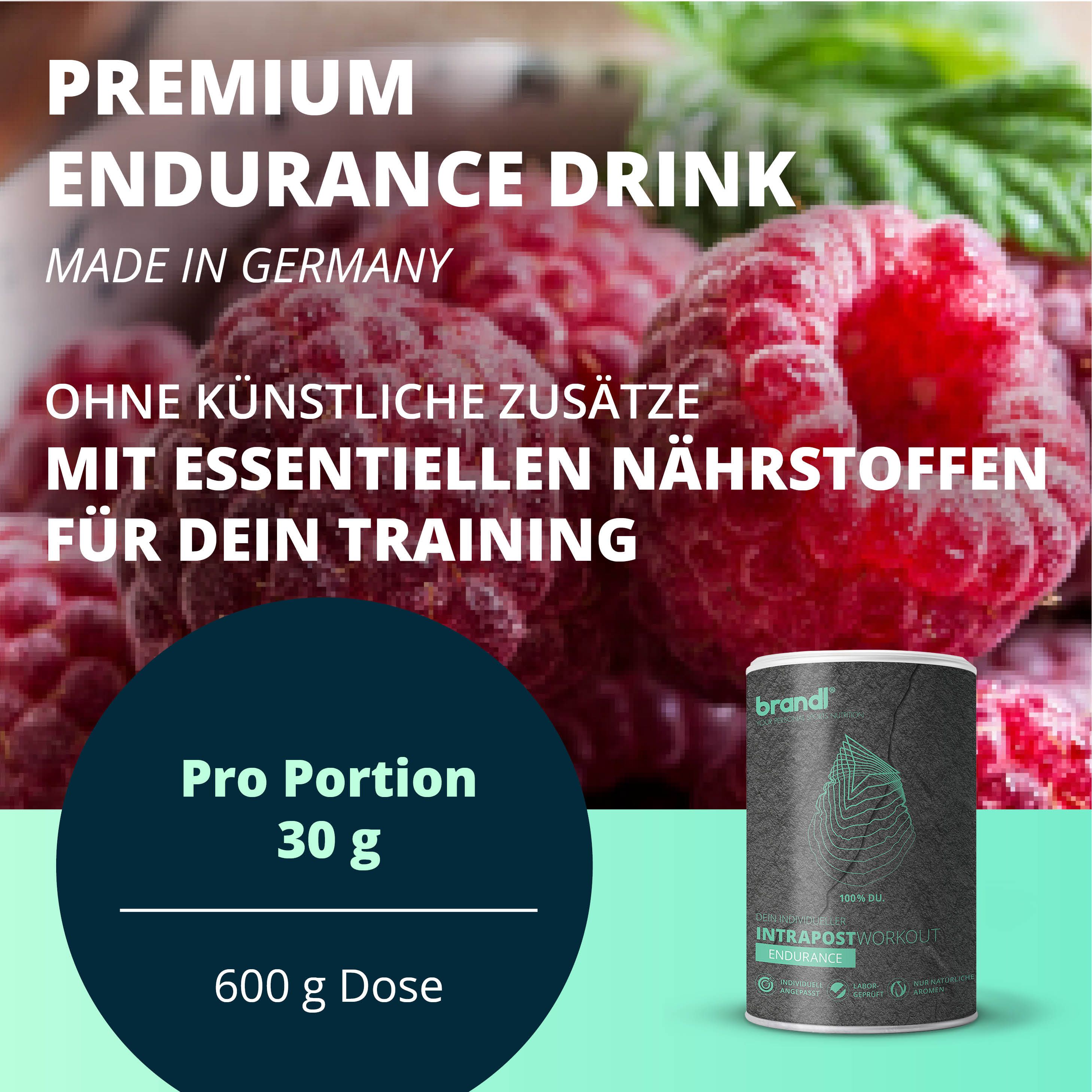 Produktverpackung mit Himbeeren. Dose brandl Intrapostworkout, 600g. Text: Premium Endurance Drink, Made in Germany, ohne künstliche Zusätze.